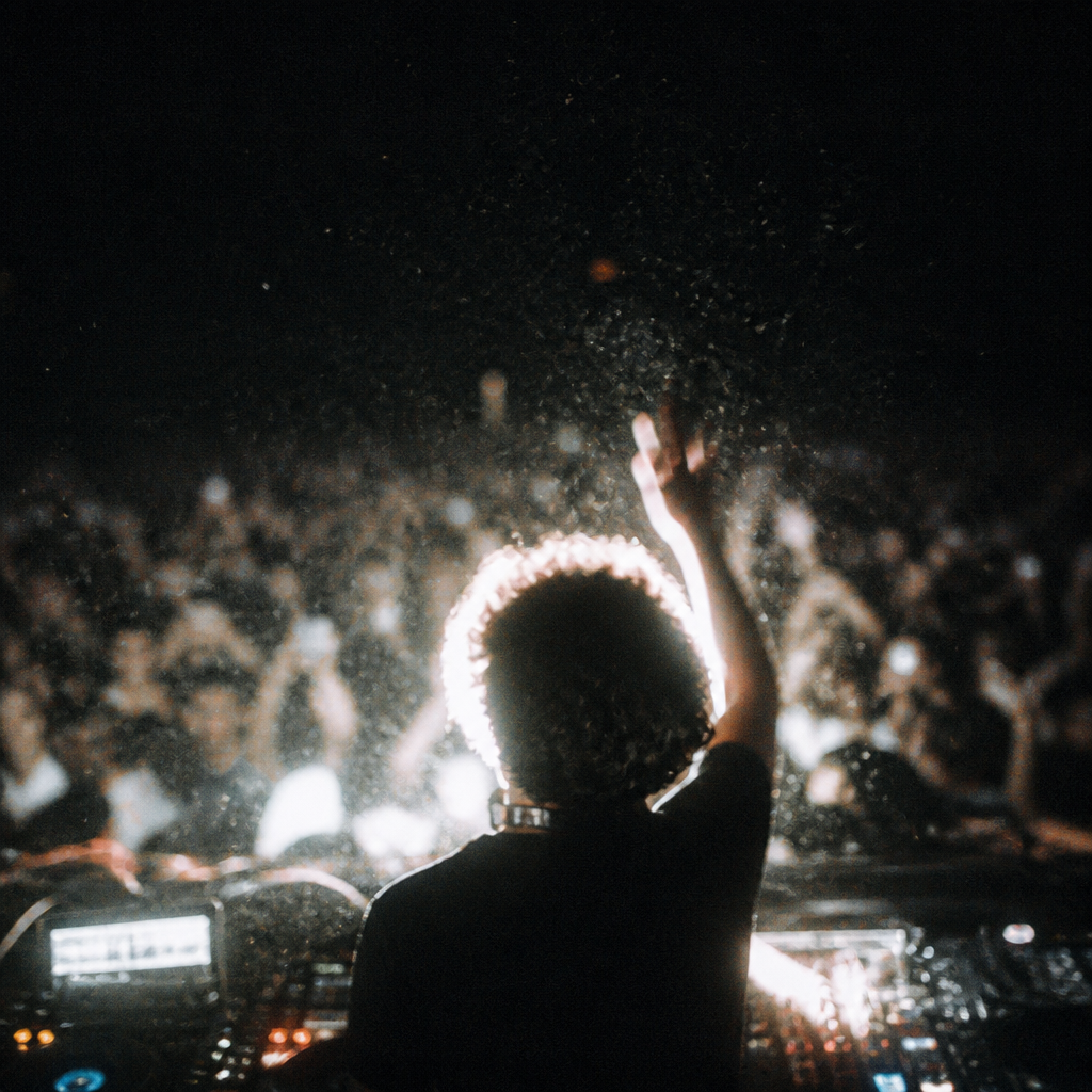A DJ with a raised arm silhouetted against the lights of a crowd