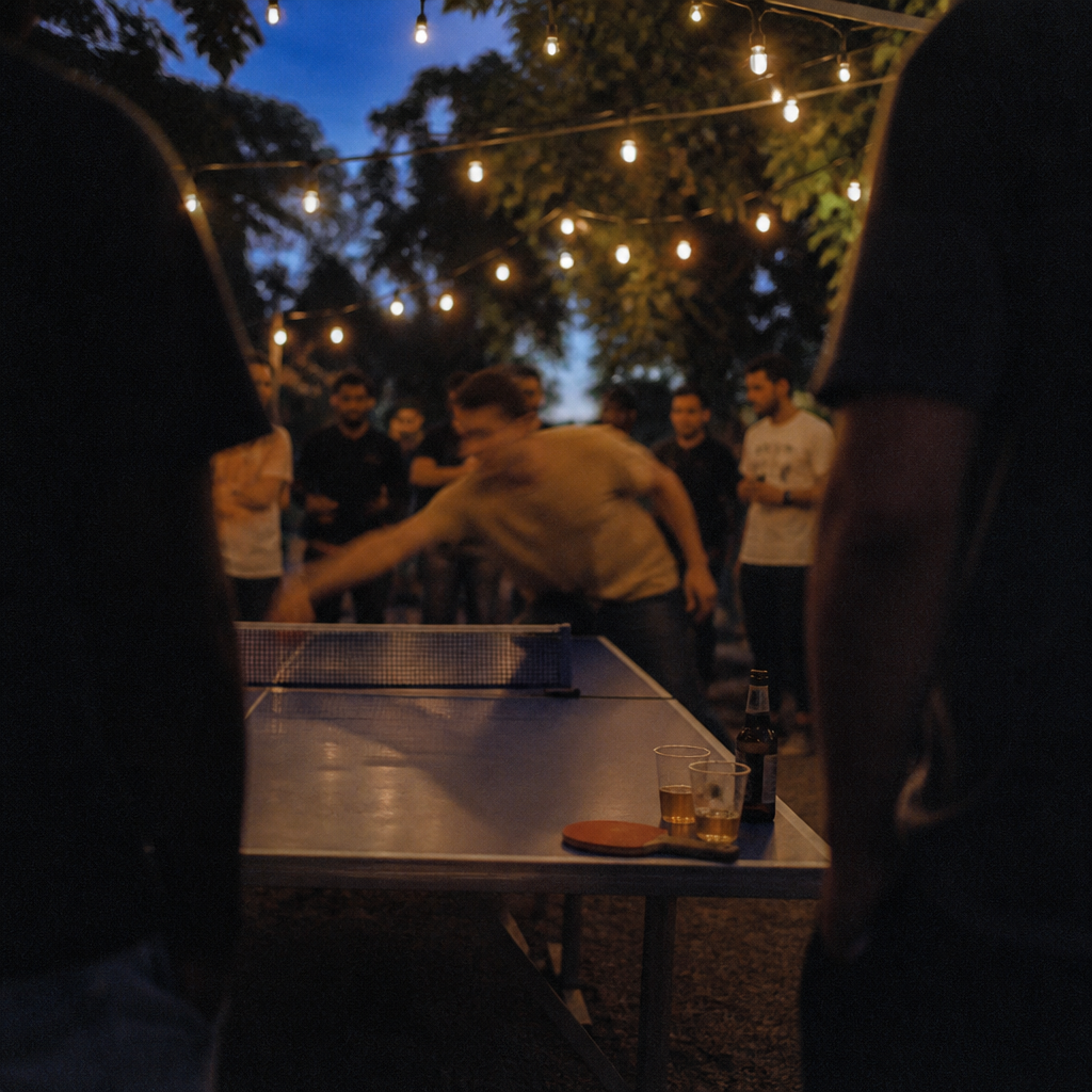 An outdoor ping pong rally under string lights at blue hour