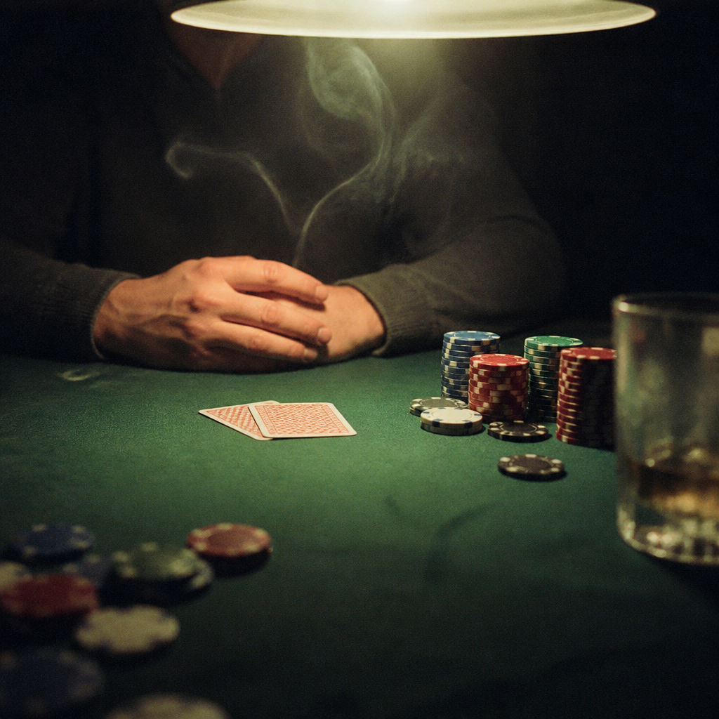 Hands, cards and chips on the green felt under a low lamp