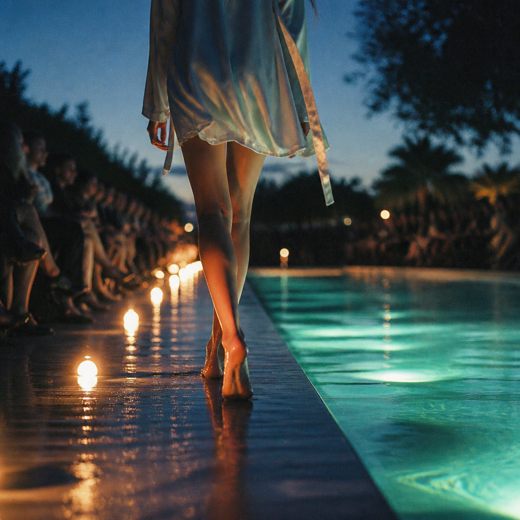 A model walking a narrow runway along the edge of a lit pool at blue hour, candles down the deck