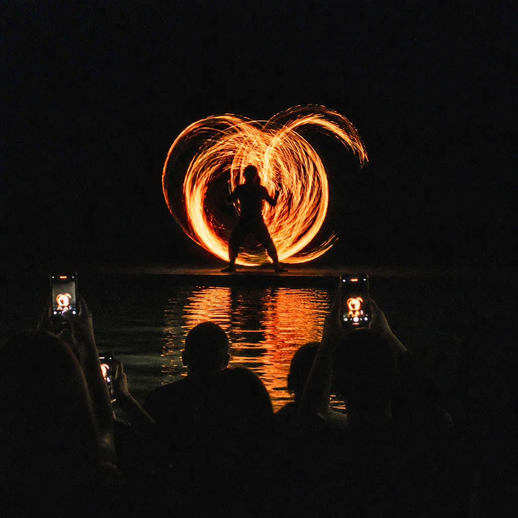 A fire performer spinning burning poi over a pool in the dark, the crowd silhouetted in front
