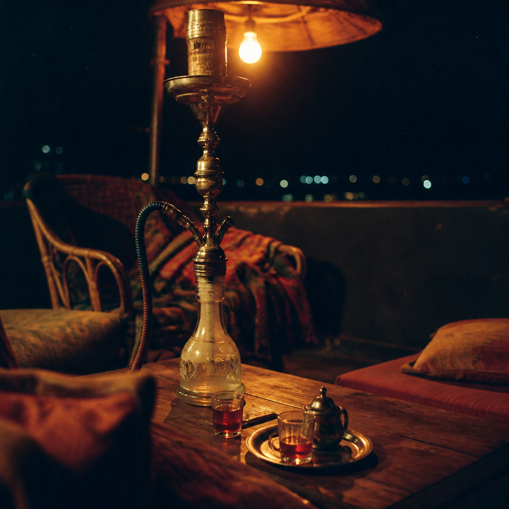 A hookah on a low table between cushions on a terrace, a glass of tea under one warm bulb